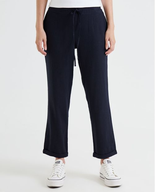 Pantalón para mujer azul con mezcla de lino