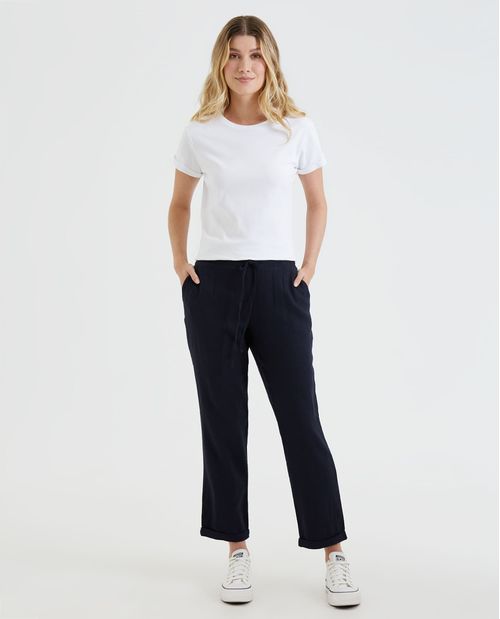 Pantalón para mujer azul con mezcla de lino