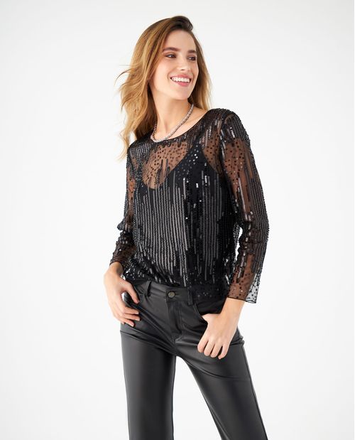Camisa en malla con transparencia para mujer