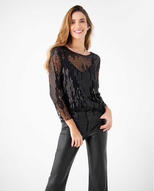 Camisa en malla con transparencia para mujer
