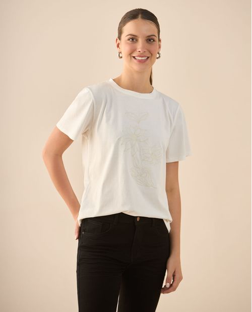 Camiseta con flores bordadas en frente para mujer