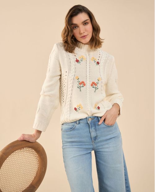 Buzo tejido con flores bordadas para mujer