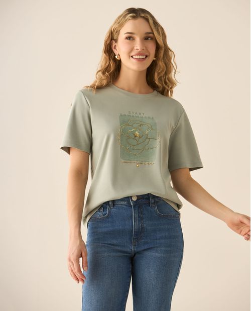 Camiseta manga corta con apliques al frente para mujer