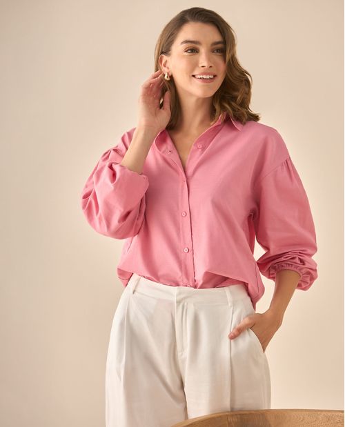 Camisa manga larga con recogido en los hombros para mujer