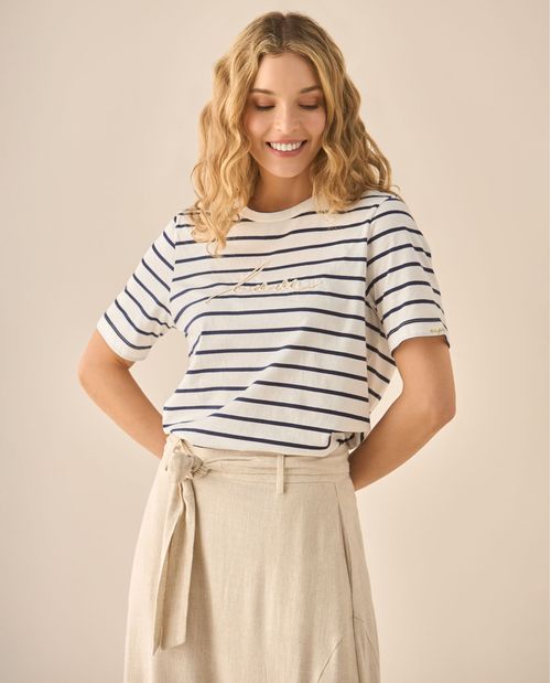 Camiseta a rayas con bordado para mujer