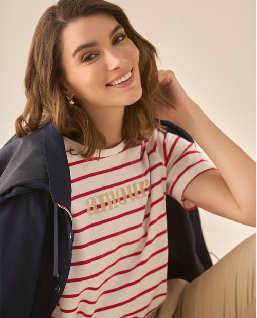 Camiseta a rayas con bordado para mujer