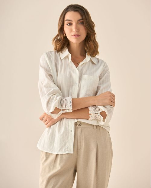 Camisa manga larga de tela con textura para mujer