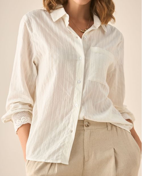 Camisa manga larga de tela con textura para mujer
