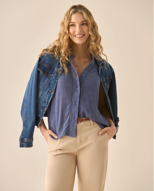Camisa manga sisa con cortes tejidos para mujer