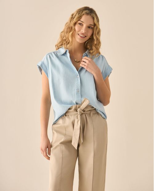 Camisa en índigo con recogido en hombros para mujer