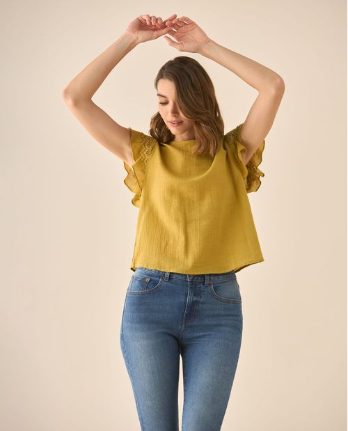 Camisa con bolero y tejido en mangas para mujer