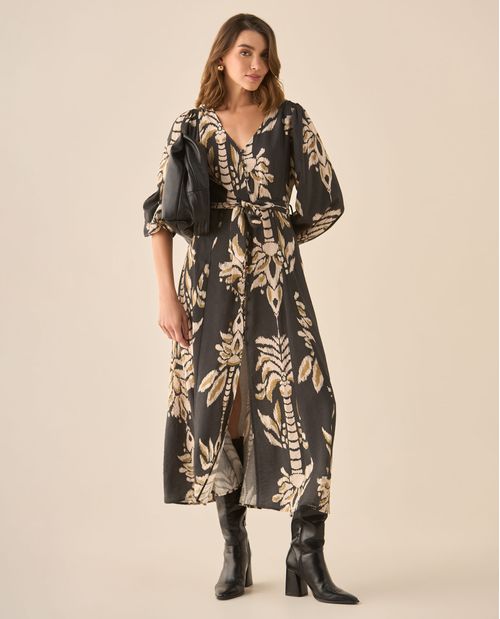 Vestido largo estampado con cinturón para mujer