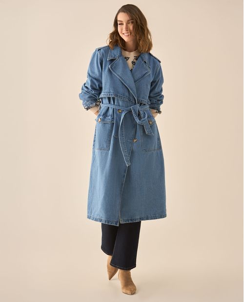 Abrigo en denim tipo trench con cinturón para mujer