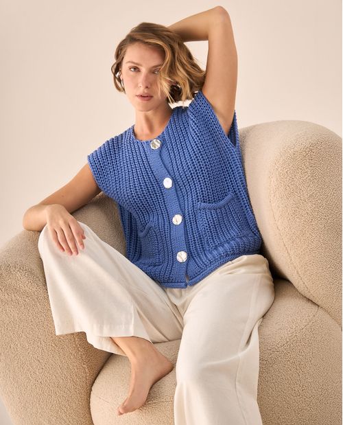 Chaleco Tejido Textura Waffle Azul
