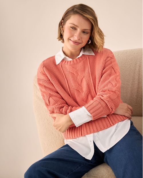 Suéter Tejido Cable Rosa Coral