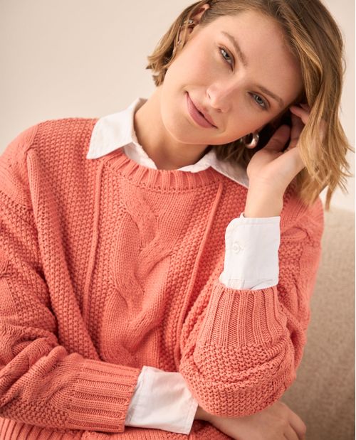 Suéter Tejido Cable Rosa Coral