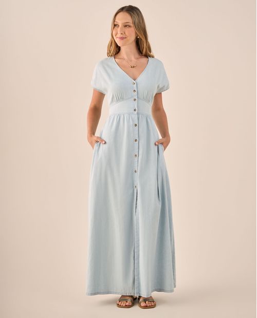 Vestido Largo Azul con Cinturón Ajustable