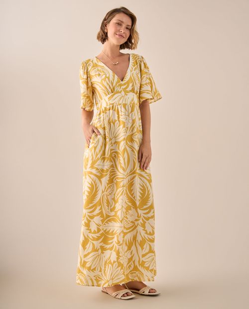 Vestido Maxi Tropical Amarillo con Mangas Volumen