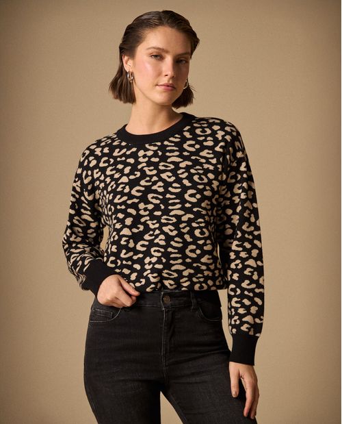 Suéter Tejido Estampado Leopardo Negro