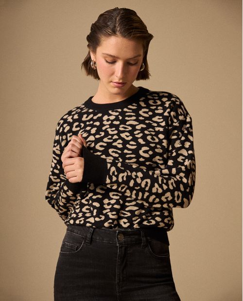 Suéter Tejido Estampado Leopardo Negro