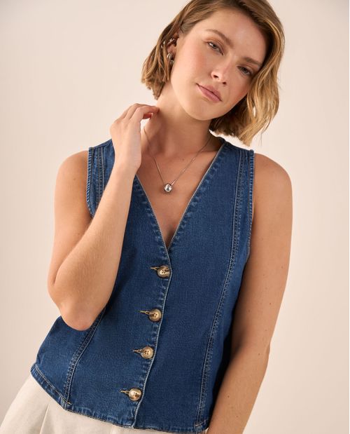 Chaleco Denim con Botones de Madera Natural