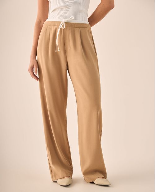 Pantalón Wide Leg Café con Cordón Ajustable