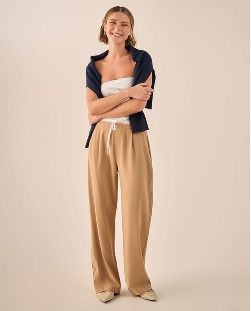 Pantalón Wide Leg Café con Cordón Ajustable