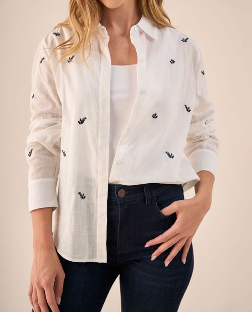 Camisa con Bordados Florales Azules