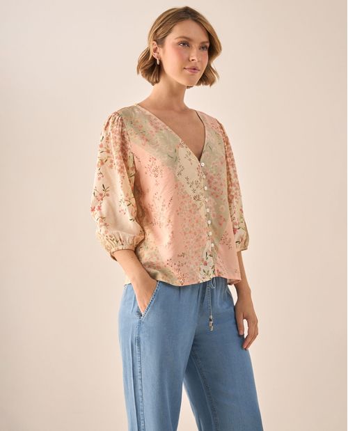 Blusa Floral Patchwork Rosa Manga 3/4