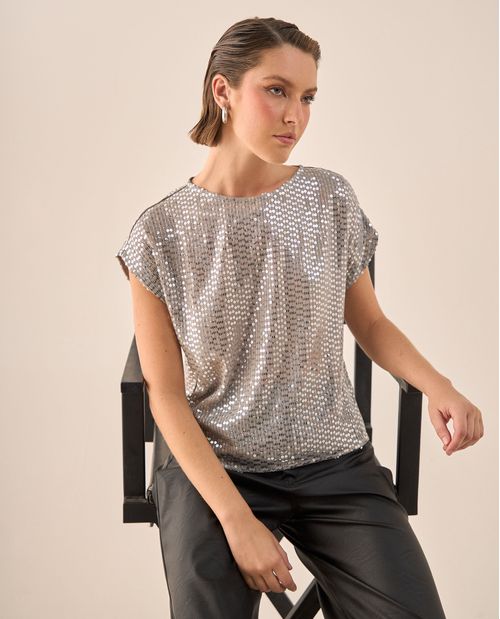 Camisa Gris con Lentejuelas Plateadas