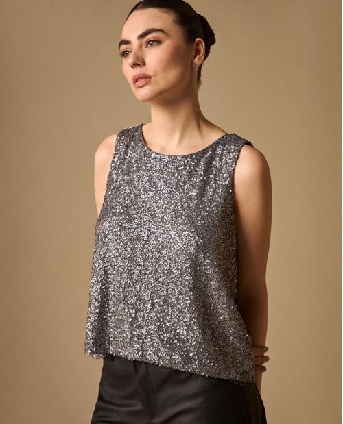 Blusa Lentejuelas Gris Plateado Sin Mangas