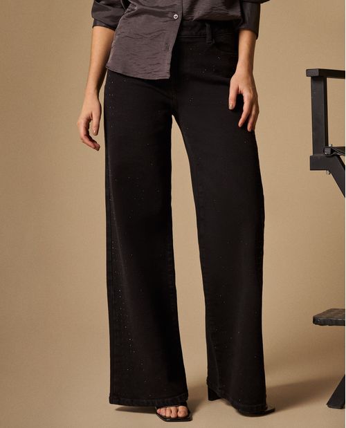 Jean Wide Leg Negro con Aplicaciones Brillantes