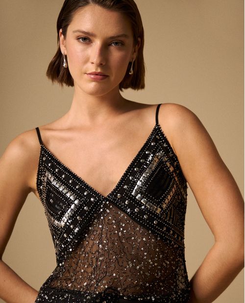 Camisa Negra con Lentejuelas y Transparencias