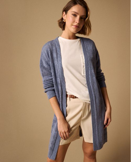 Cardigan Largo con Tejido Calado Geométrico