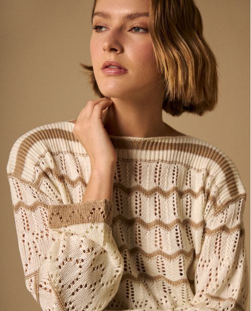 Suéter Tejido Calado con Rayas Contrastantes