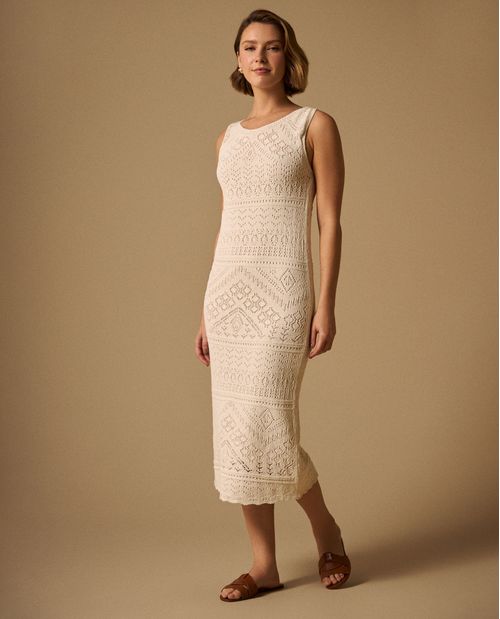 Vestido Midi Tejido Calado con Cordón Espalda
