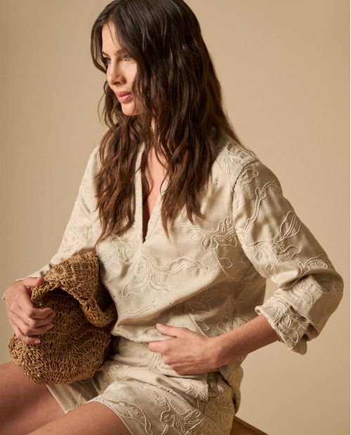 Camisa bordados florales manga larga para mujer