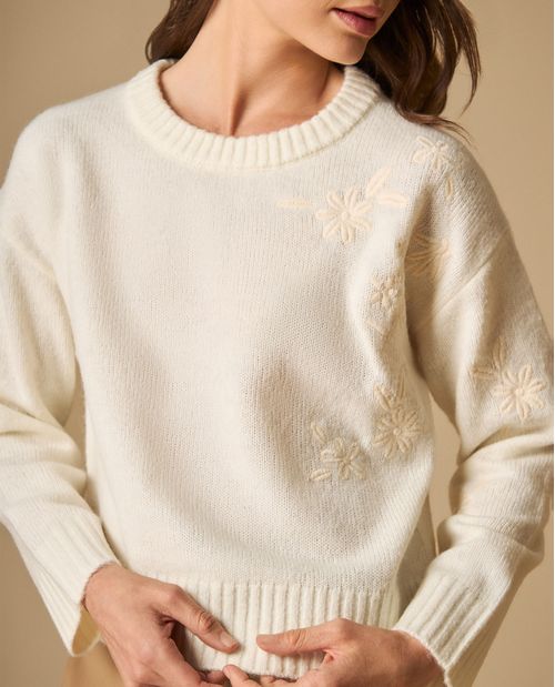 Suéter cuello redondo con bordados florales para mujer