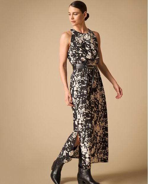 Vestido largo estampado sin mangas con cinturón