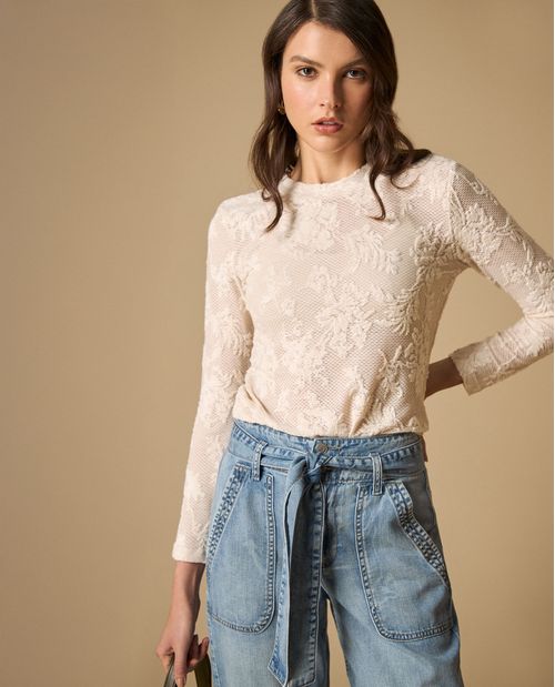 Camiseta manga larga con tejido calado para mujer