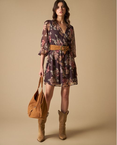 Vestido cruzado manga tres cuartos con estampado floral