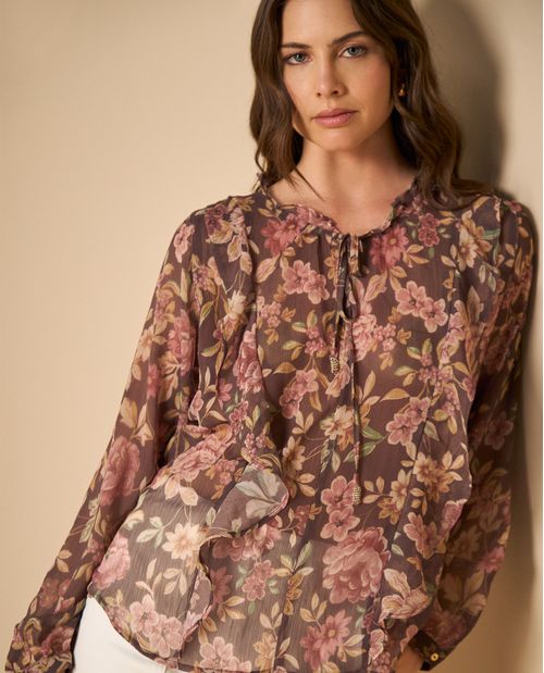 Camisa manga larga con estampado floral y cordones