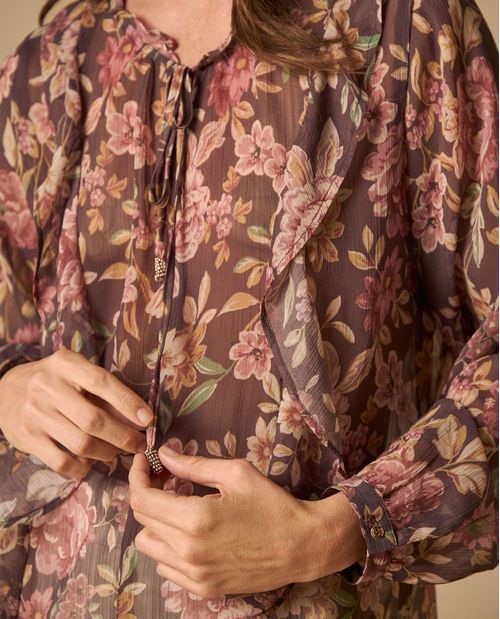 Camisa manga larga con estampado floral y cordones