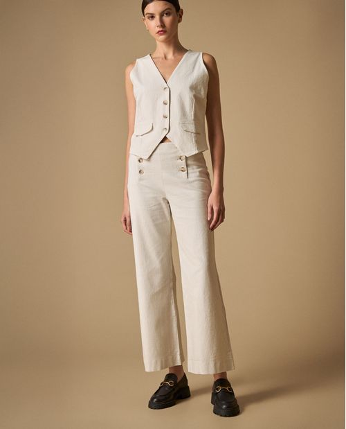 Pantalón wide leg tiro alto con botones decorativos para mujer